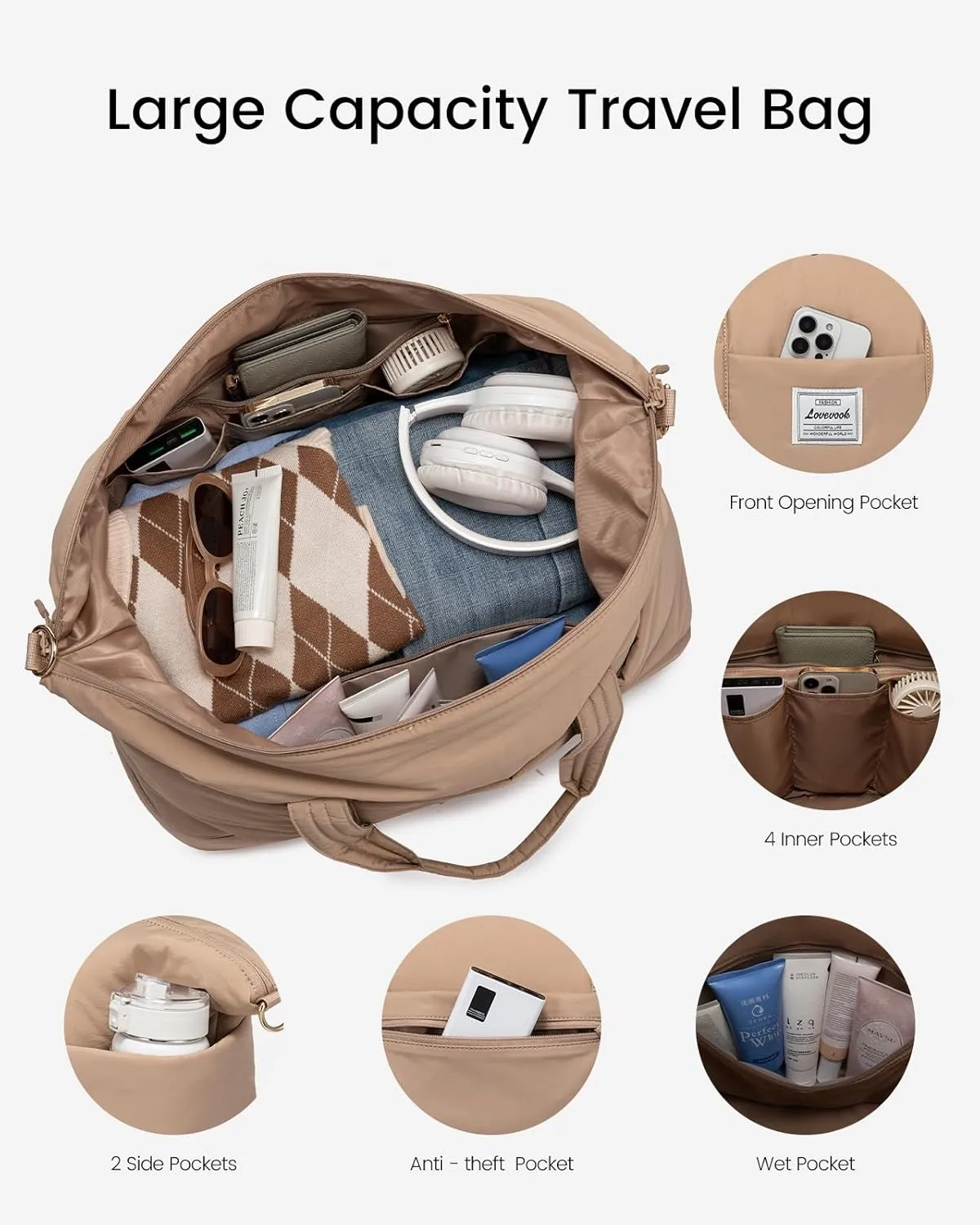 LOVEVOOK Travel Duffle Bag for Women, 3Pcs Puffer Large Weekender Overnight Bag with Shoe Compartment, Water Resistant Gym Duffel Bag, Carry on Bag for Hospital Delivery with Toiletry Organizer