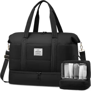 LOVEVOOK Travel Duffle Bag for Women, 3Pcs Puffer Large Weekender Overnight Bag with Shoe Compartment, Water Resistant Gym Duffel Bag, Carry on Bag for Hospital Delivery with Toiletry Organizer