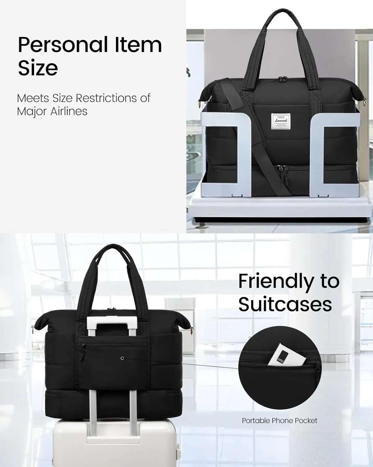 LOVEVOOK Travel Duffle Bag for Women, 3Pcs Puffer Large Weekender Overnight Bag with Shoe Compartment, Water Resistant Gym Duffel Bag, Carry on Bag for Hospital Delivery with Toiletry Organizer