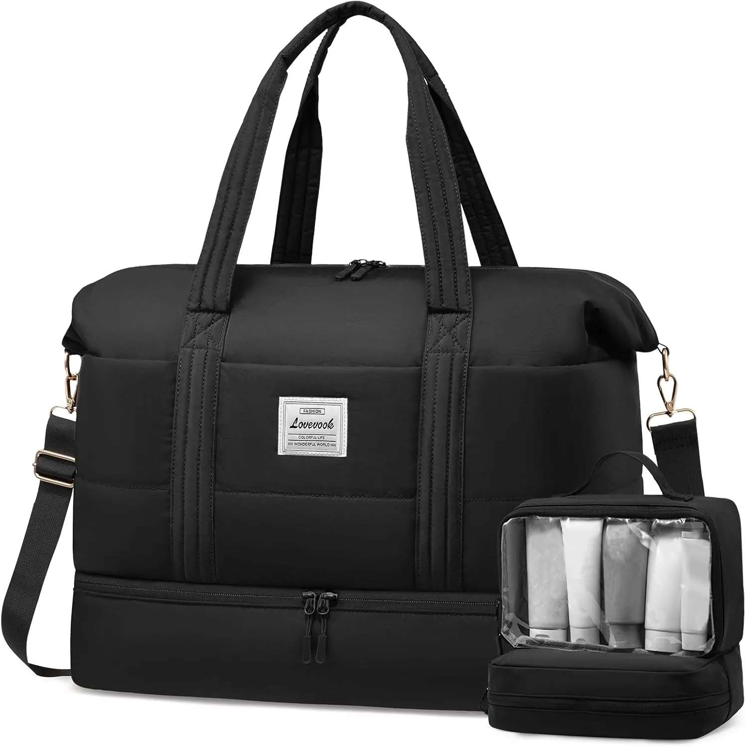LOVEVOOK Travel Duffle Bag for Women, 3Pcs Puffer Large Weekender Overnight Bag with Shoe Compartment, Water Resistant Gym Duffel Bag, Carry on Bag for Hospital Delivery with Toiletry Organizer