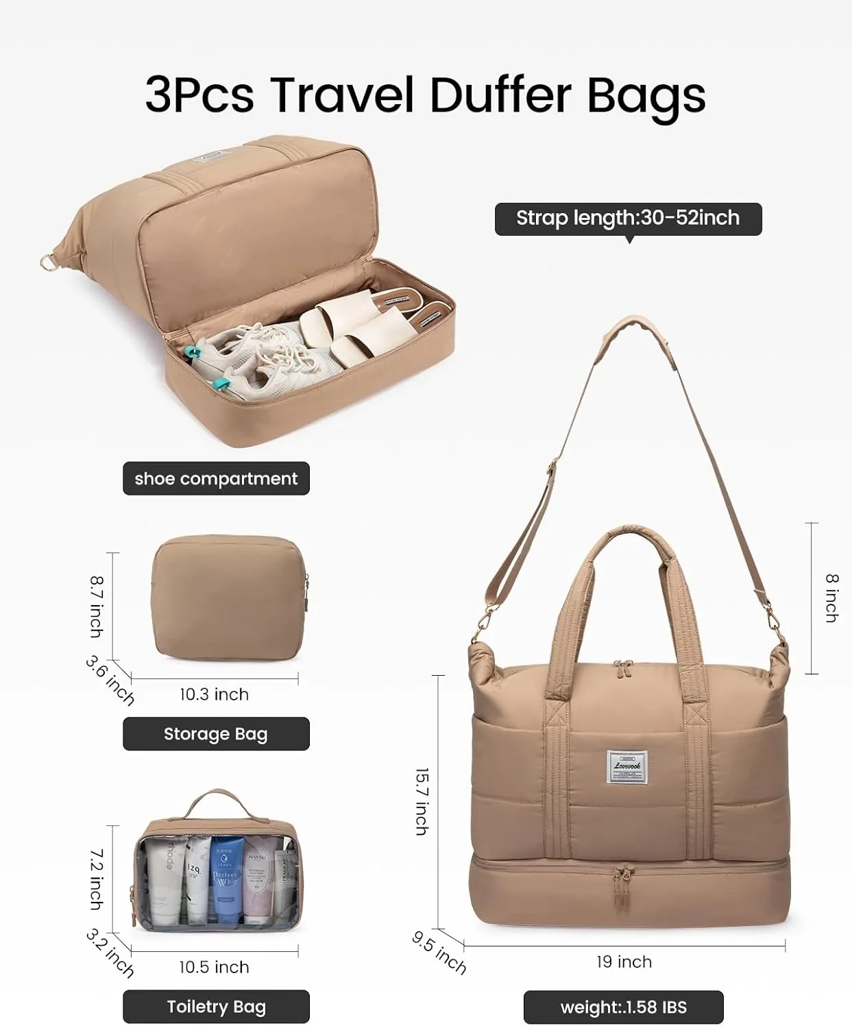 LOVEVOOK Travel Duffle Bag for Women, 3Pcs Puffer Large Weekender Overnight Bag with Shoe Compartment, Water Resistant Gym Duffel Bag, Carry on Bag for Hospital Delivery with Toiletry Organizer
