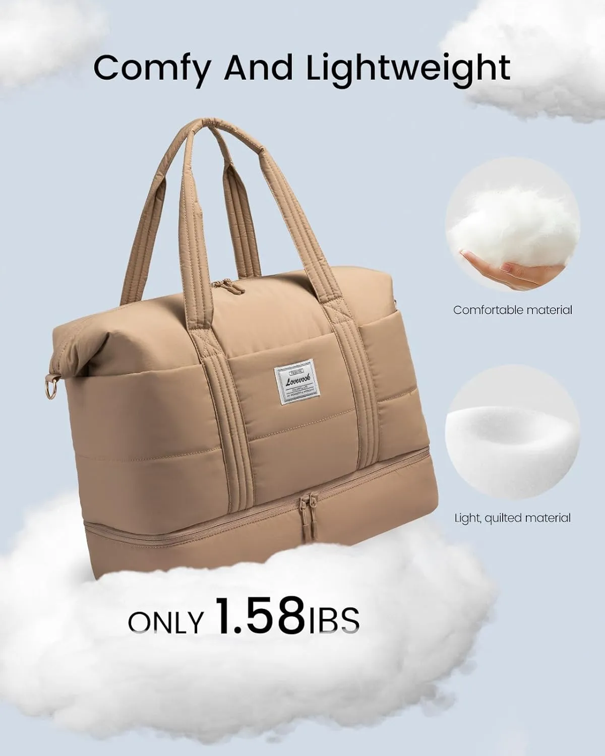 LOVEVOOK Travel Duffle Bag for Women, 3Pcs Puffer Large Weekender Overnight Bag with Shoe Compartment, Water Resistant Gym Duffel Bag, Carry on Bag for Hospital Delivery with Toiletry Organizer