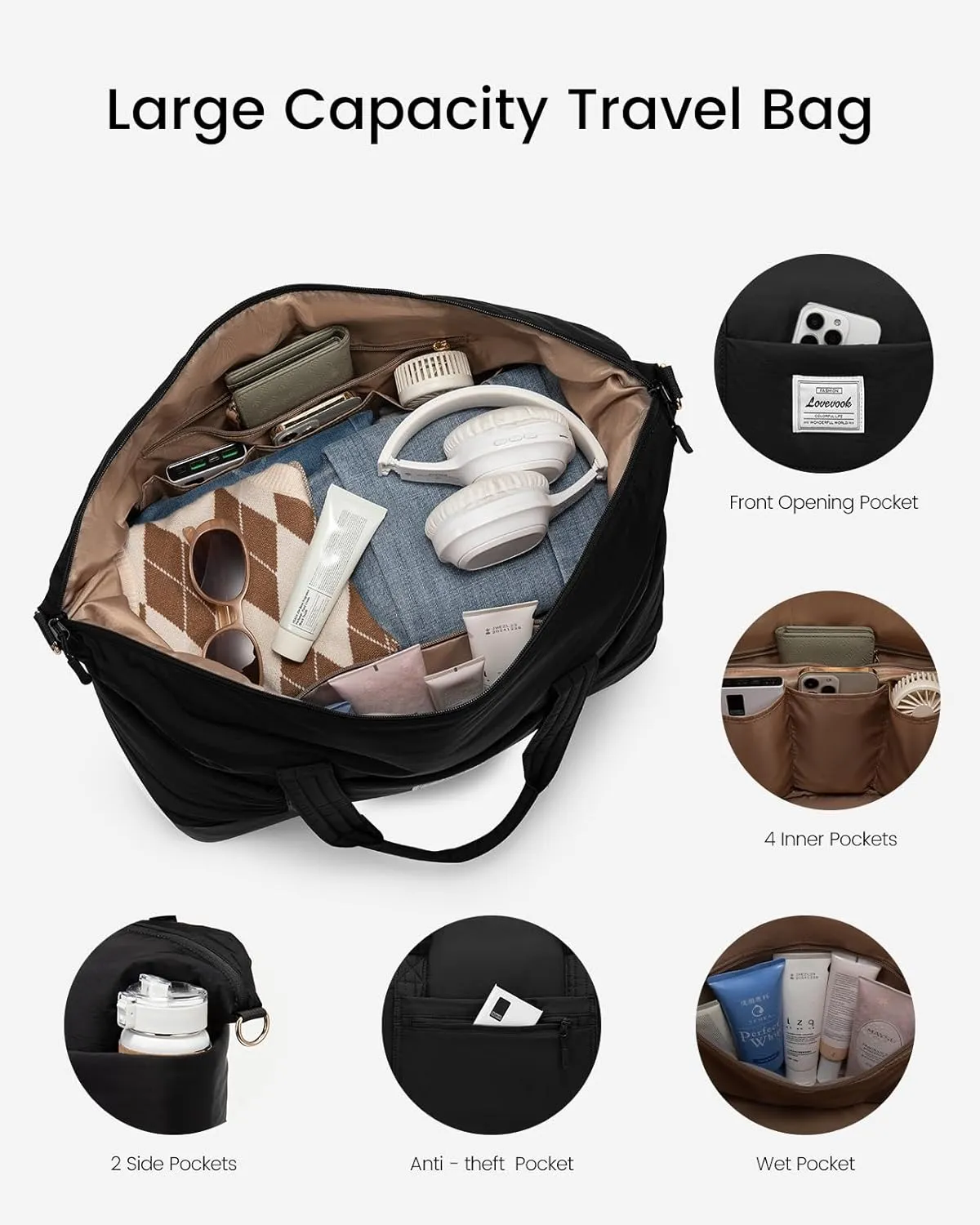 LOVEVOOK Travel Duffle Bag for Women, 3Pcs Puffer Large Weekender Overnight Bag with Shoe Compartment, Water Resistant Gym Duffel Bag, Carry on Bag for Hospital Delivery with Toiletry Organizer