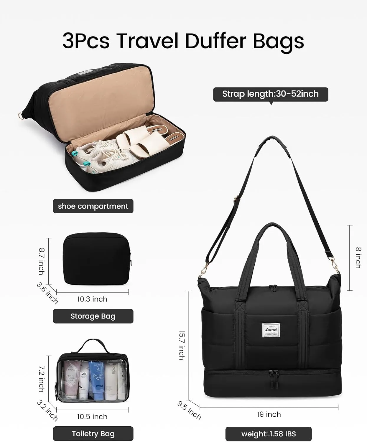 LOVEVOOK Travel Duffle Bag for Women, 3Pcs Puffer Large Weekender Overnight Bag with Shoe Compartment, Water Resistant Gym Duffel Bag, Carry on Bag for Hospital Delivery with Toiletry Organizer