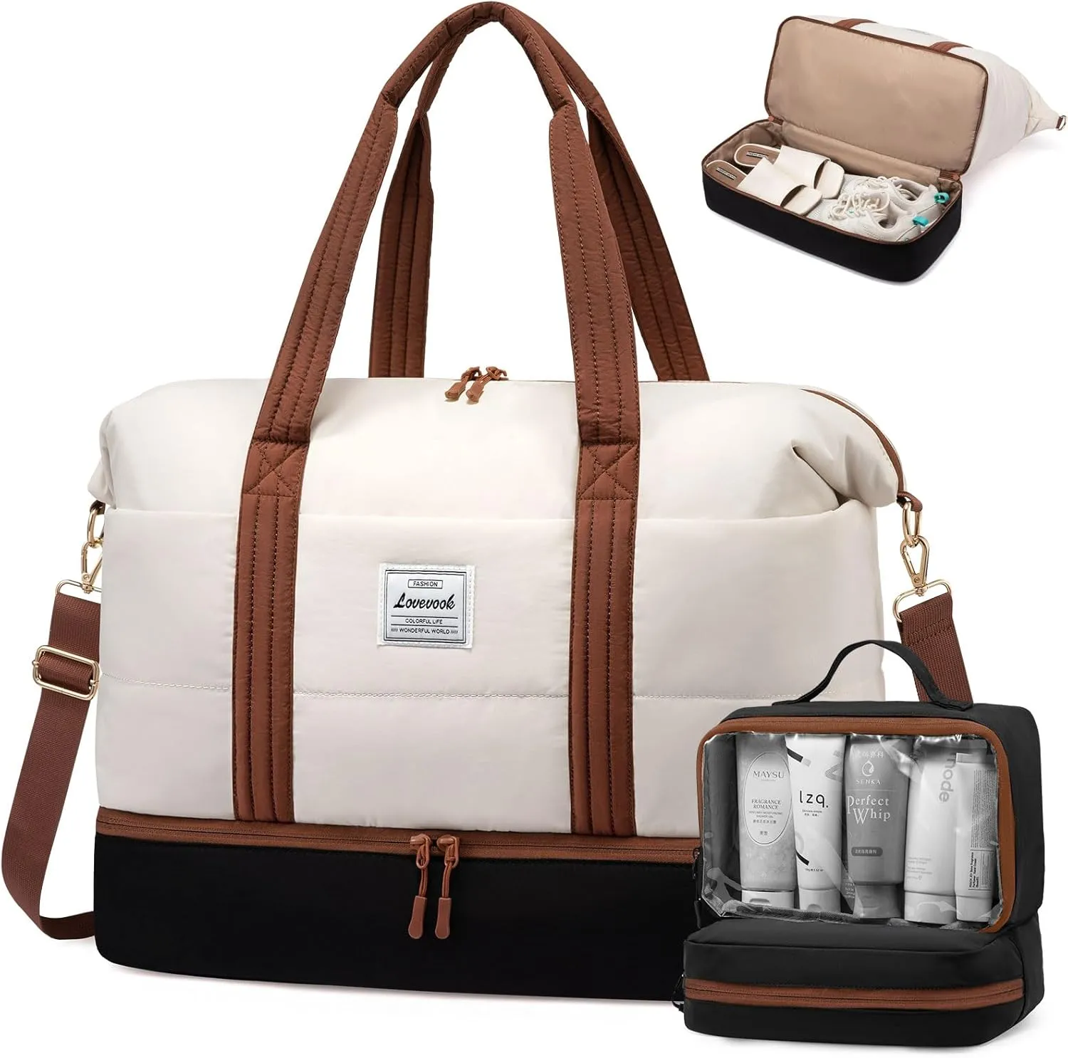 LOVEVOOK Travel Duffle Bag for Women, 3Pcs Puffer Large Weekender Overnight Bag with Shoe Compartment, Water Resistant Gym Duffel Bag, Carry on Bag for Hospital Delivery with Toiletry Organizer