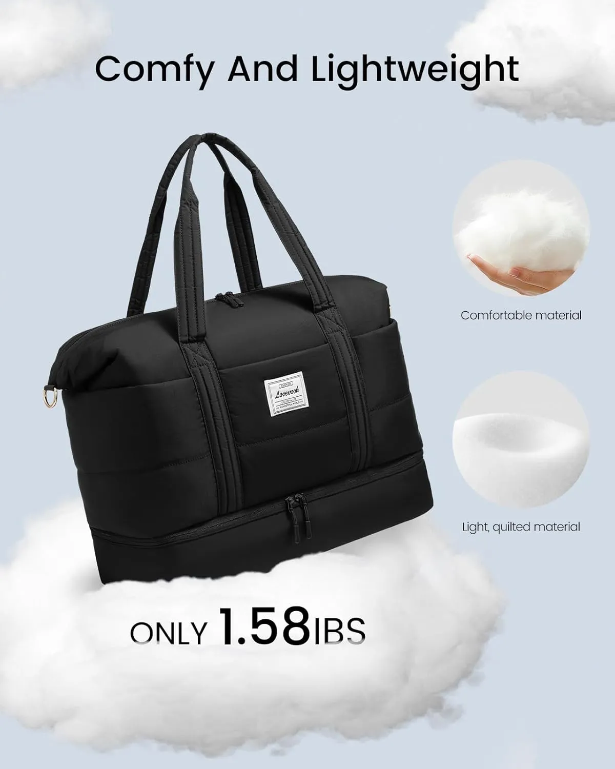 LOVEVOOK Travel Duffle Bag for Women, 3Pcs Puffer Large Weekender Overnight Bag with Shoe Compartment, Water Resistant Gym Duffel Bag, Carry on Bag for Hospital Delivery with Toiletry Organizer