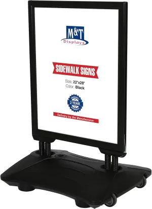 M&T Displays WindPro Weather and Wind Resistant Outdoor Pavement Curb Sidewalk Sign Holder for 22x28 Inch Posters Black Aluminum Easy Top Loading Slide-In Frame Durable HDPE Black Water Base