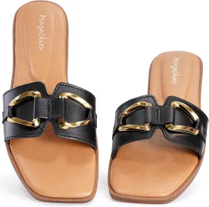mazeskin Women's Square Open Toe Dressy Slide Sandals Cute Summer Comfortable Flat Slippers with Metal buckle