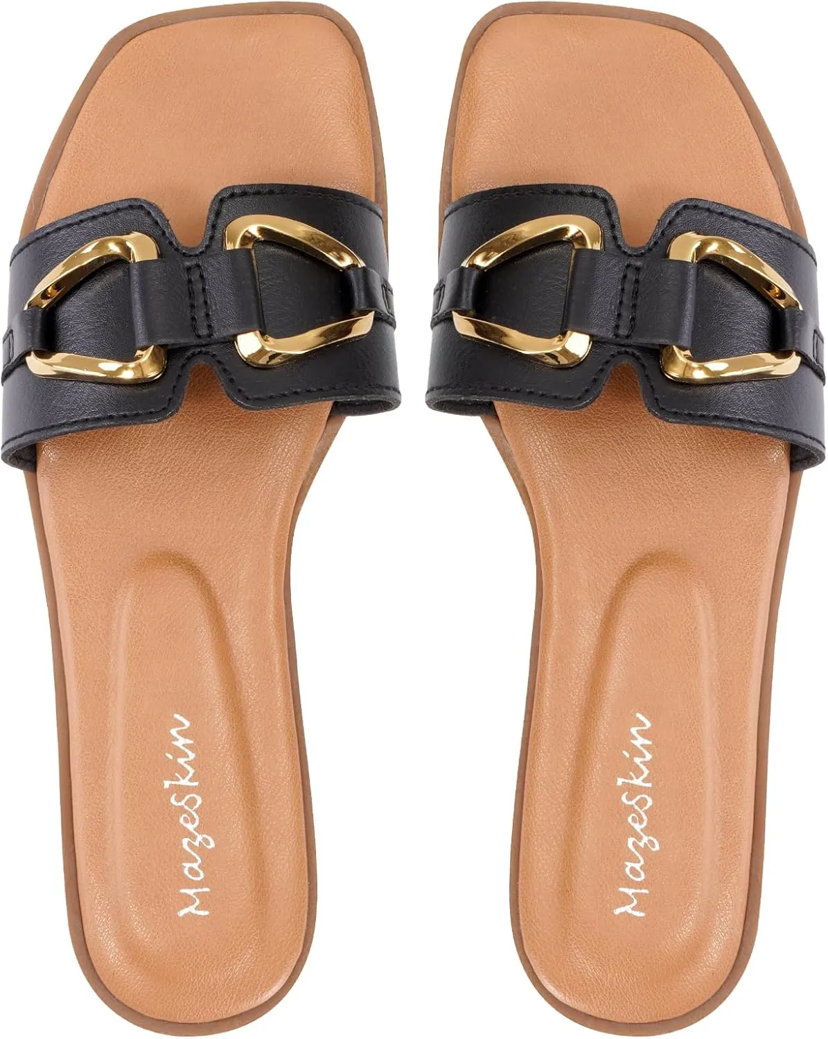 mazeskin Women's Square Open Toe Dressy Slide Sandals Cute Summer Comfortable Flat Slippers with Metal buckle