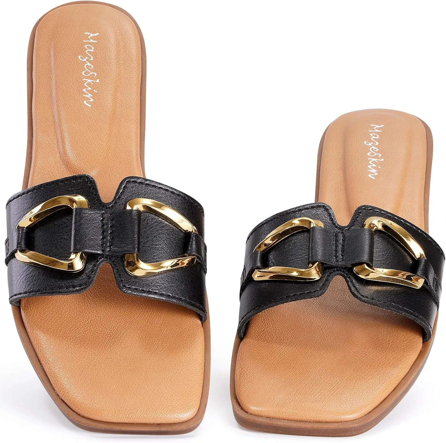 mazeskin Women's Square Open Toe Dressy Slide Sandals Cute Summer Comfortable Flat Slippers with Metal buckle