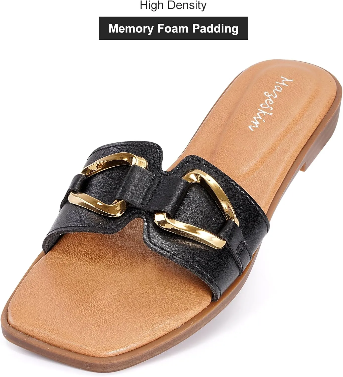 mazeskin Women's Square Open Toe Dressy Slide Sandals Cute Summer Comfortable Flat Slippers with Metal buckle
