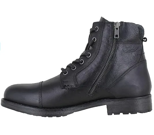 Mens Black Leather Lace Up Boots High Top Zip Up Biker Boots