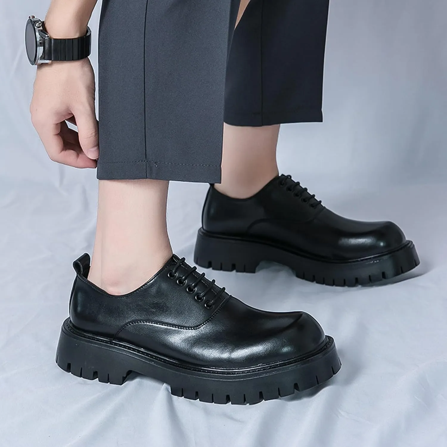 Men's Leather Chunky Platform Derby Shoes Luxury Round Toe Lace up Lug Sole Oxford Shoes Comfort Breathable Non Slip Dress Shoes