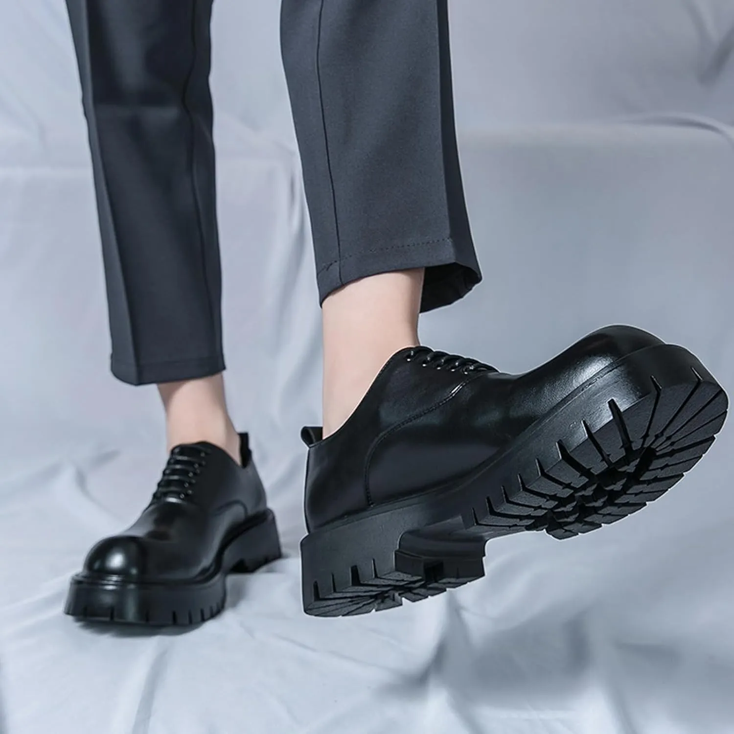 Men's Leather Chunky Platform Derby Shoes Luxury Round Toe Lace up Lug Sole Oxford Shoes Comfort Breathable Non Slip Dress Shoes