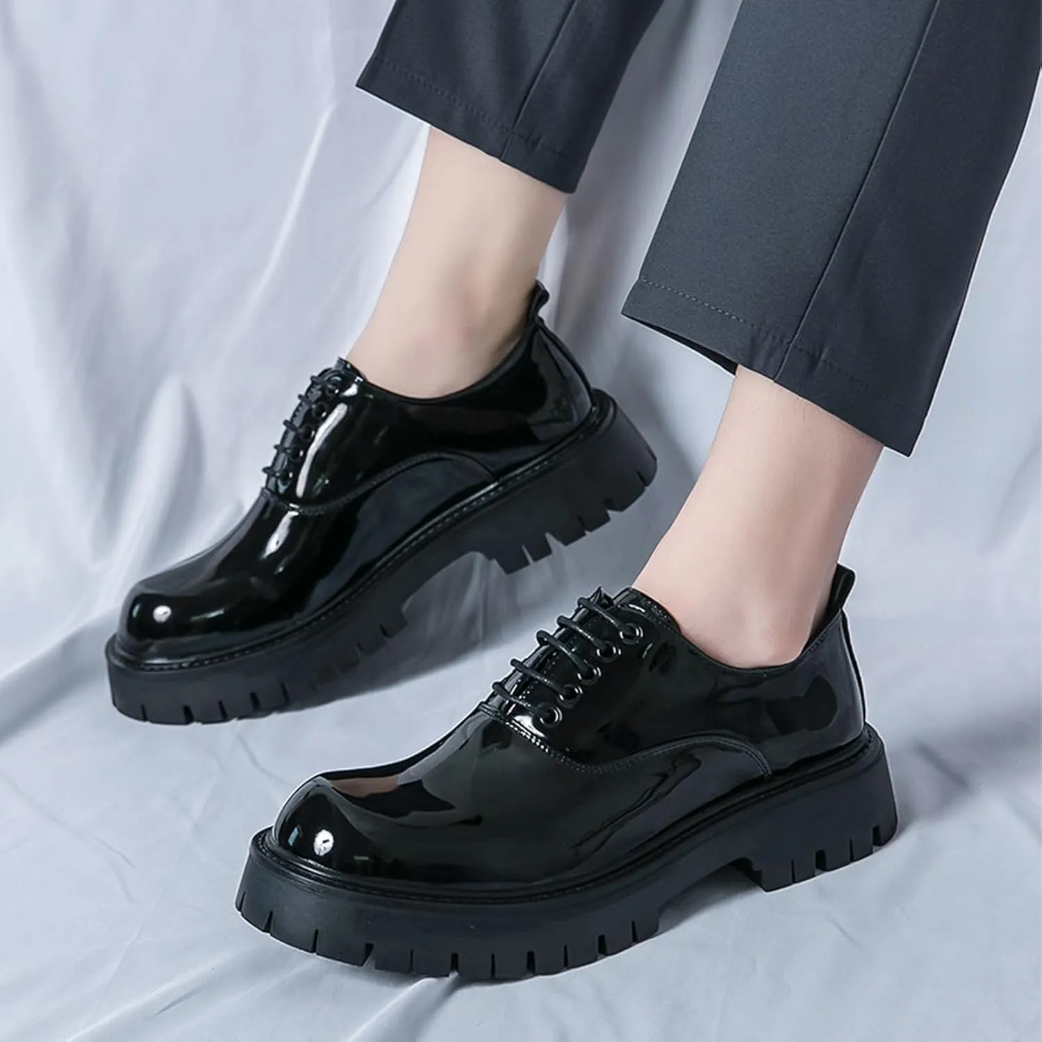 Men's Leather Chunky Platform Derby Shoes Luxury Round Toe Lace up Lug Sole Oxford Shoes Comfort Breathable Non Slip Dress Shoes