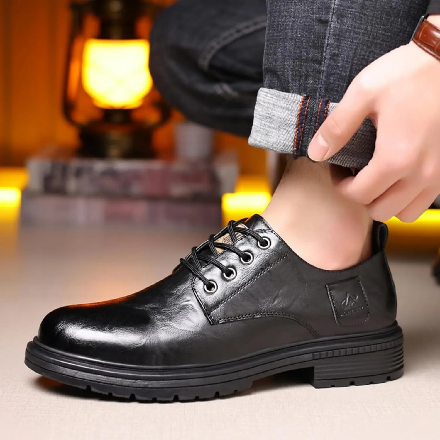 Mens Leather Lace-Up Dress Oxfords Shoes Round Toe Non Slip Chunky Heels Casual Derby Shoes for Formal Business Wedding