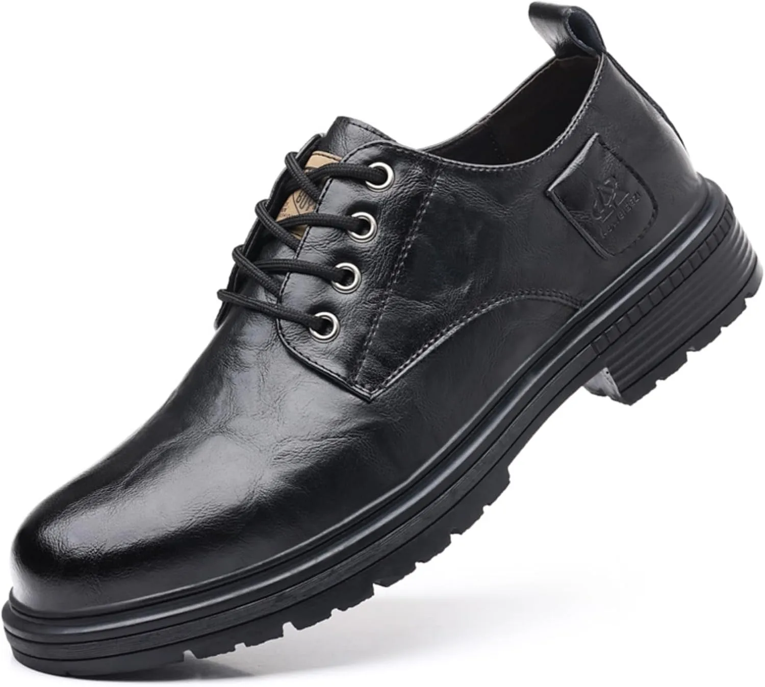 Mens Leather Lace-Up Dress Oxfords Shoes Round Toe Non Slip Chunky Heels Casual Derby Shoes for Formal Business Wedding