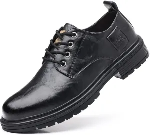 Mens Leather Lace-Up Dress Oxfords Shoes Round Toe Non Slip Chunky Heels Casual Derby Shoes for Formal Business Wedding