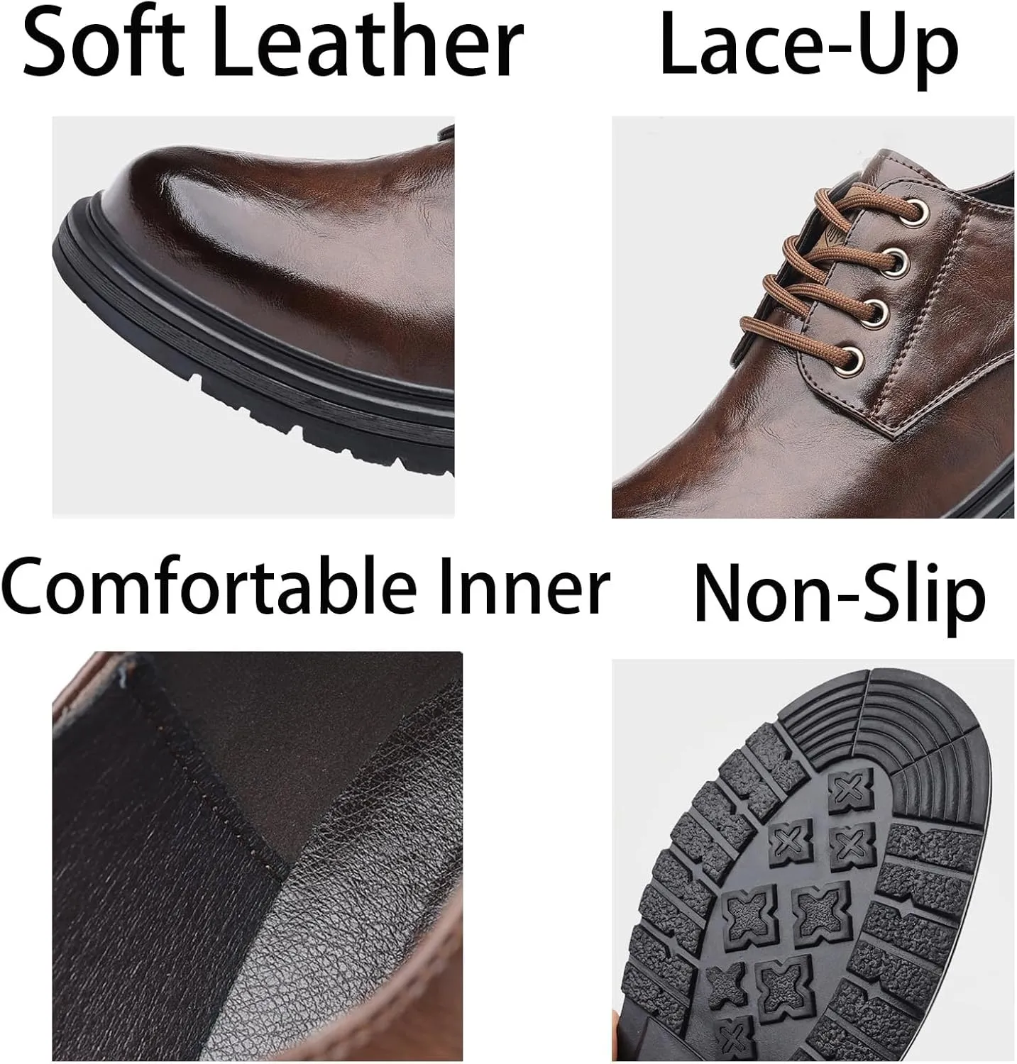 Mens Leather Lace-Up Dress Oxfords Shoes Round Toe Non Slip Chunky Heels Casual Derby Shoes for Formal Business Wedding