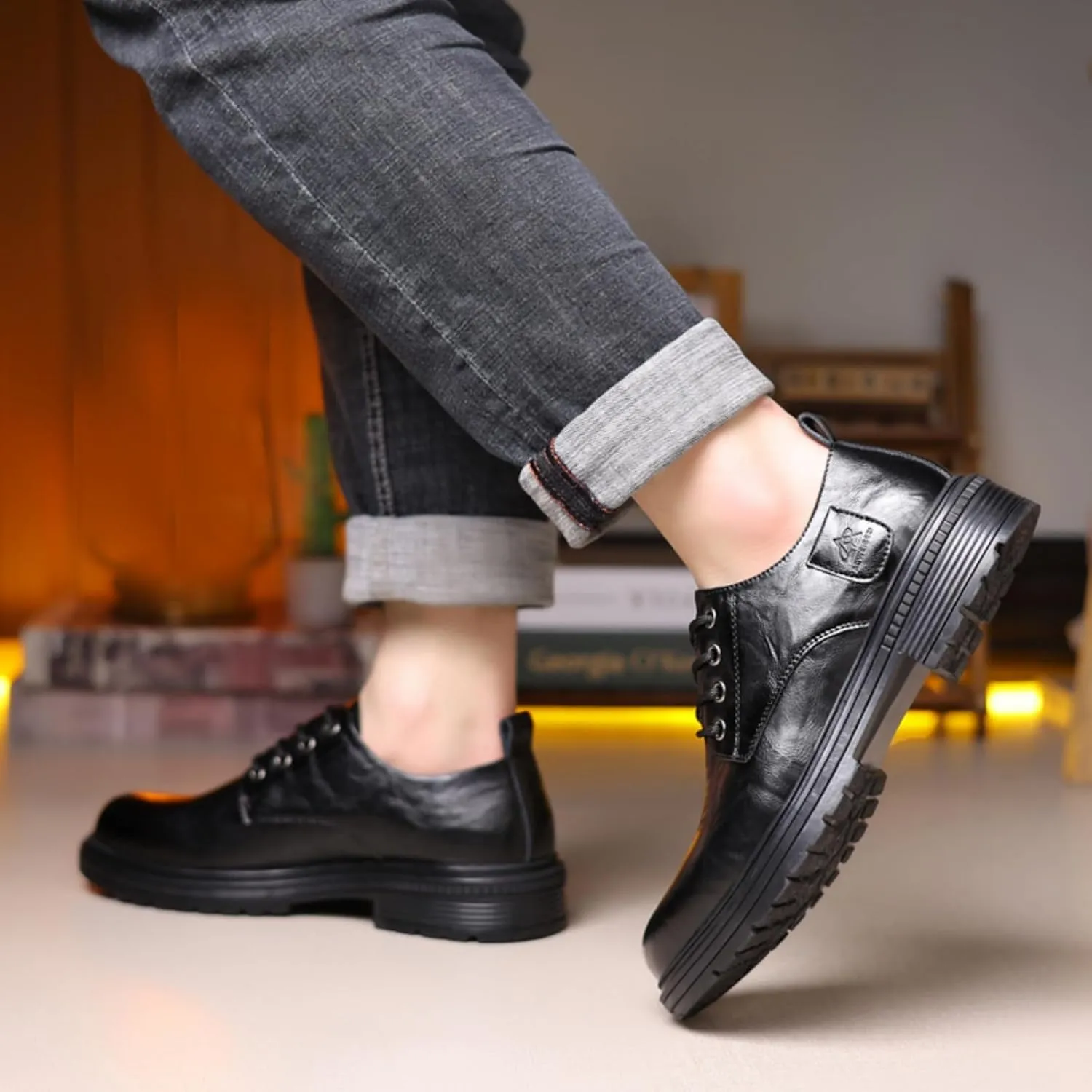 Mens Leather Lace-Up Dress Oxfords Shoes Round Toe Non Slip Chunky Heels Casual Derby Shoes for Formal Business Wedding