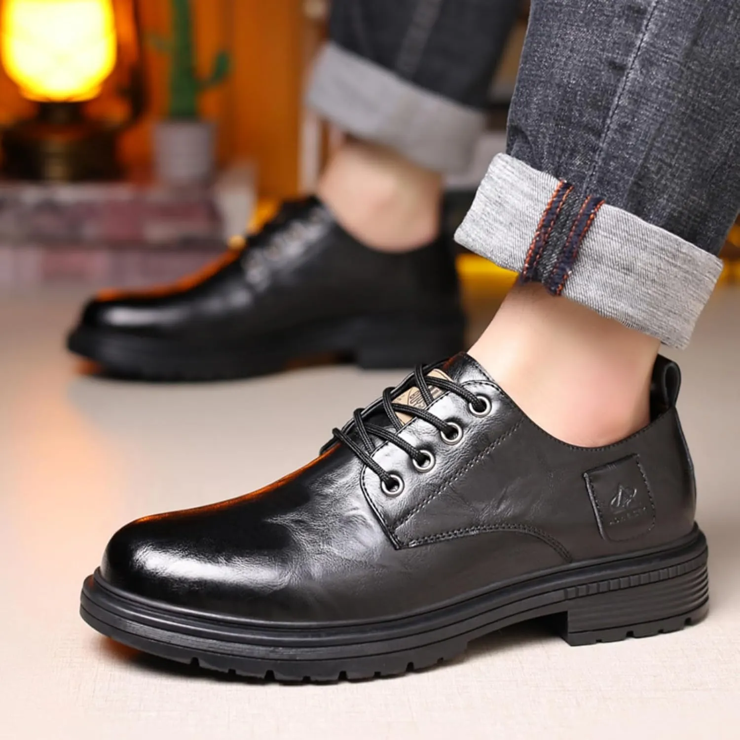 Mens Leather Lace-Up Dress Oxfords Shoes Round Toe Non Slip Chunky Heels Casual Derby Shoes for Formal Business Wedding