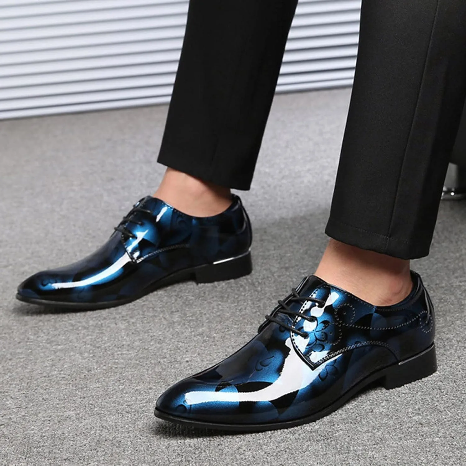 Mens Moccasins Shoes Leather Classical Style Shoes for Men Slip On PU Leather Low Rubber Sole Block Heel Work Leather Boxing Shoes for Men (Blue, 12.5)