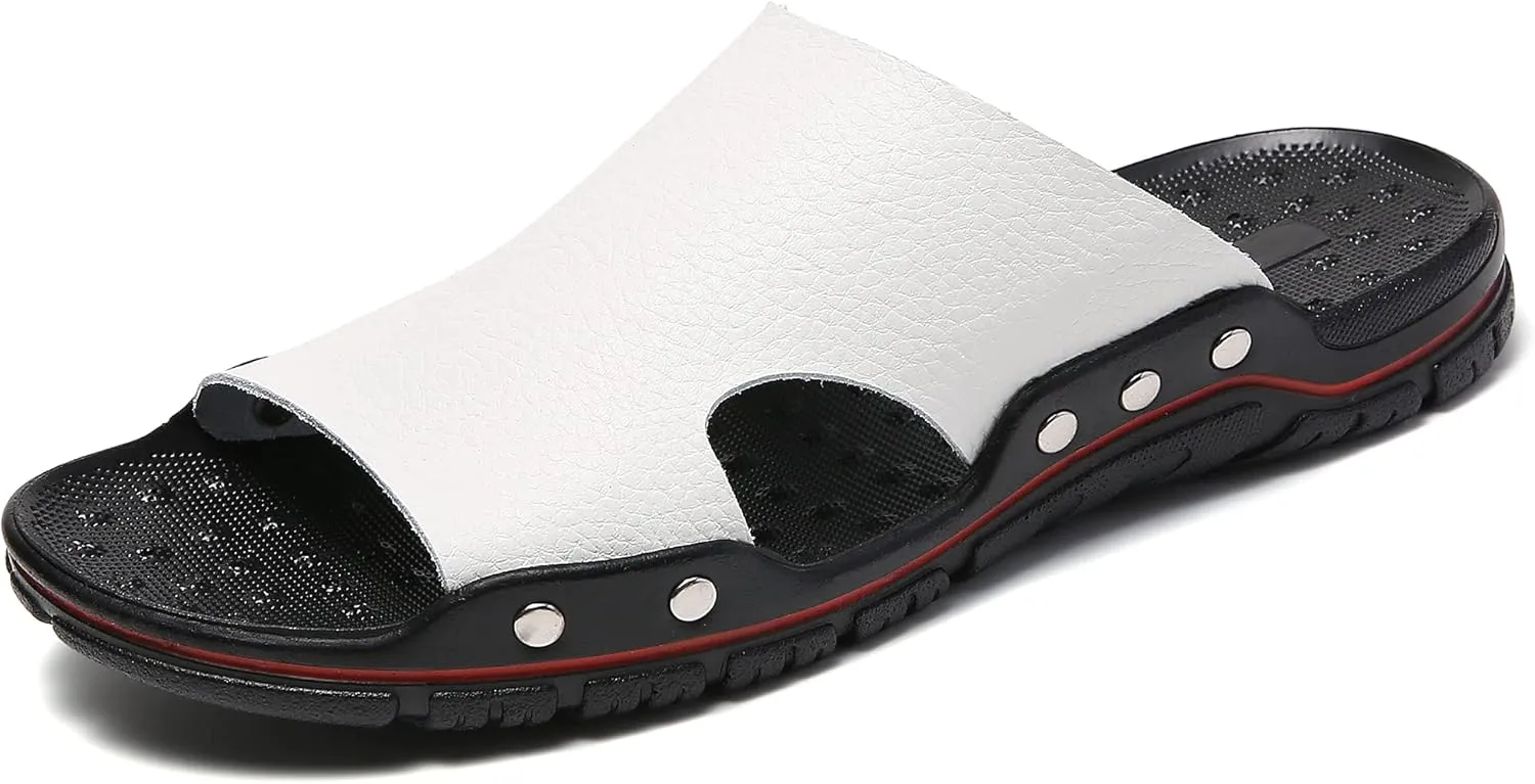 Men's Summer Leather Slide Sandals Open Toe Beach Slippers Shoes