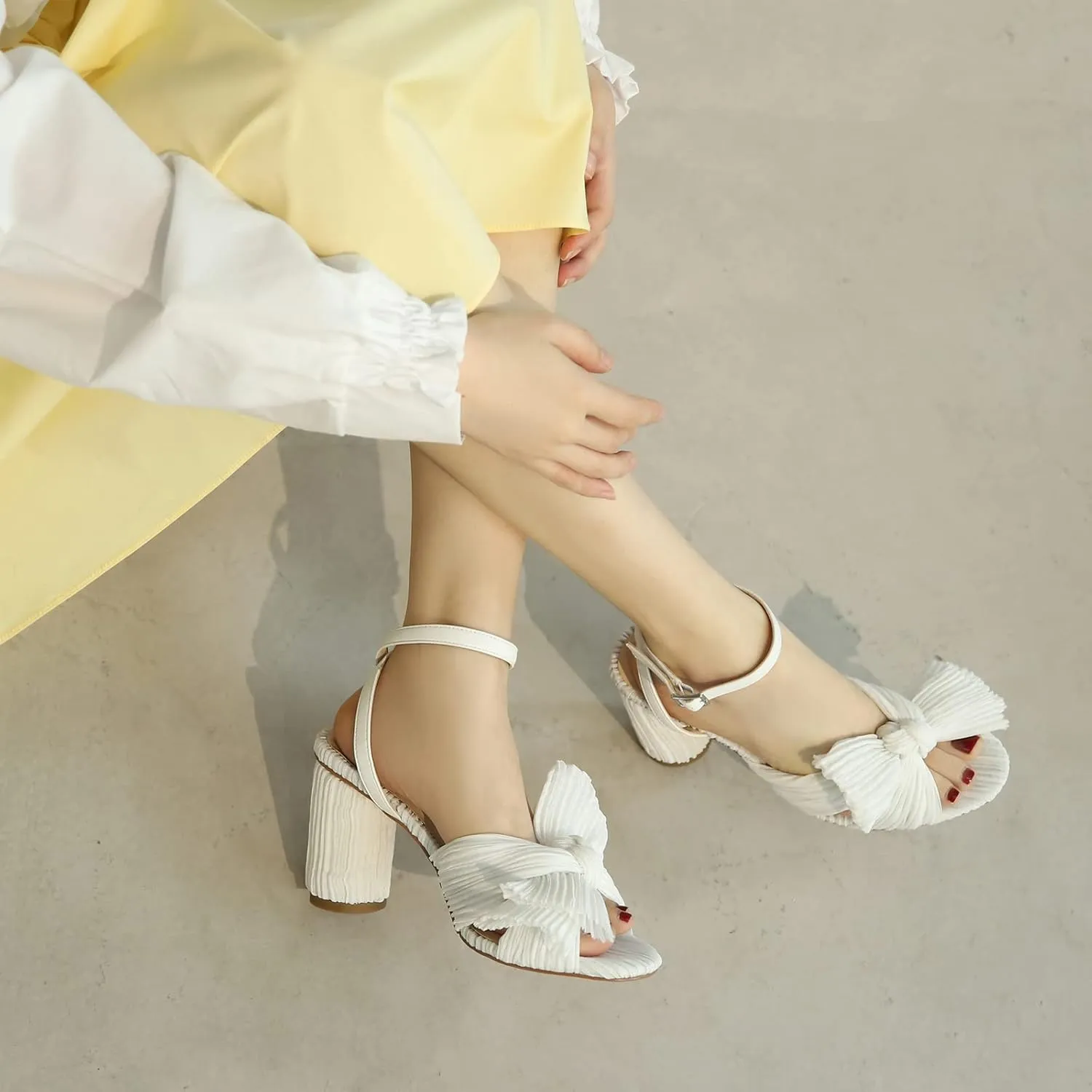 MICIFA Women's Bow Knot Heeled Sandals Open Toe High Block Ankle Strap Chunky Heels Bride Wedding Shoes