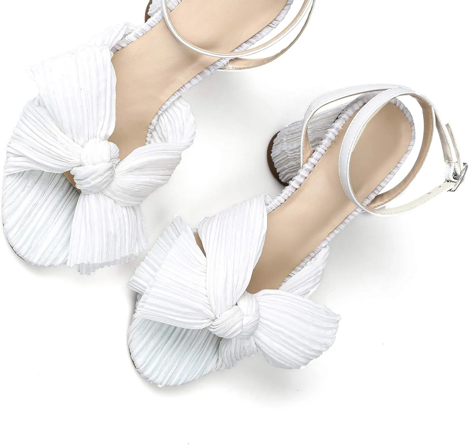 MICIFA Women's Bow Knot Heeled Sandals Open Toe High Block Ankle Strap Chunky Heels Bride Wedding Shoes