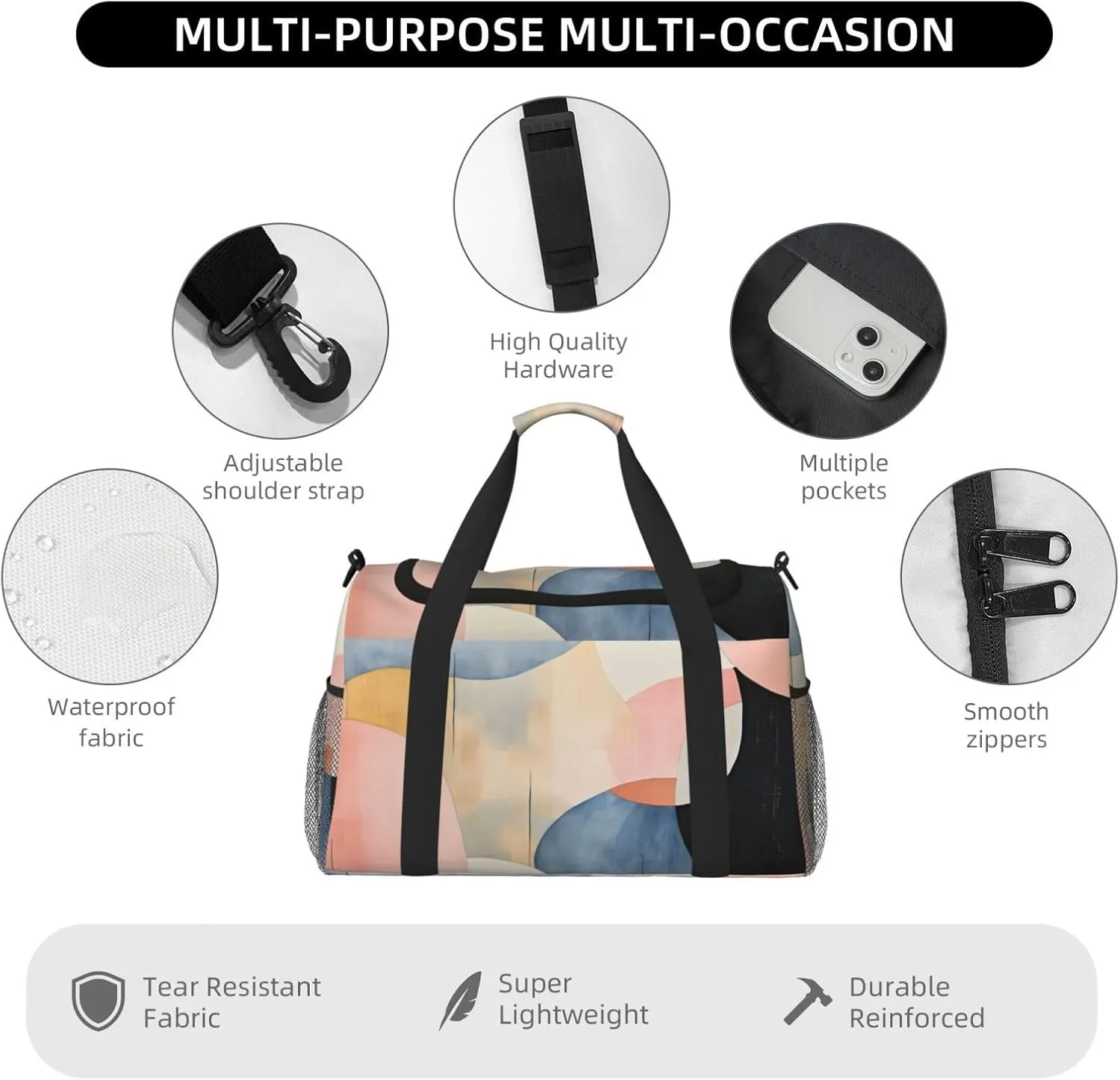 Modern Abstract Pink Blue Travel Duffel Bag with Strap Multi Pockets Sports Bag Handbag Large Shoulder Bag for Gym Weekend Fitness Camping