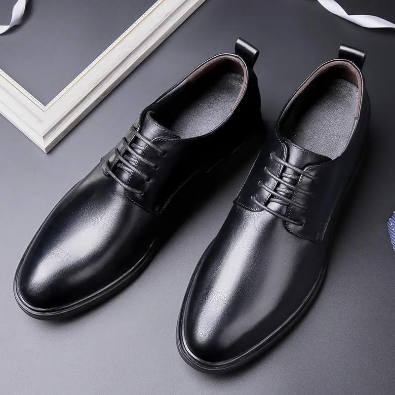 New Dress Shoes for Men Lace Up Round Toe Genuine Leather Solid Color Derby Shoes Non Slip Anti-slip Slip Resistant Block Heel Rubber Sole Business