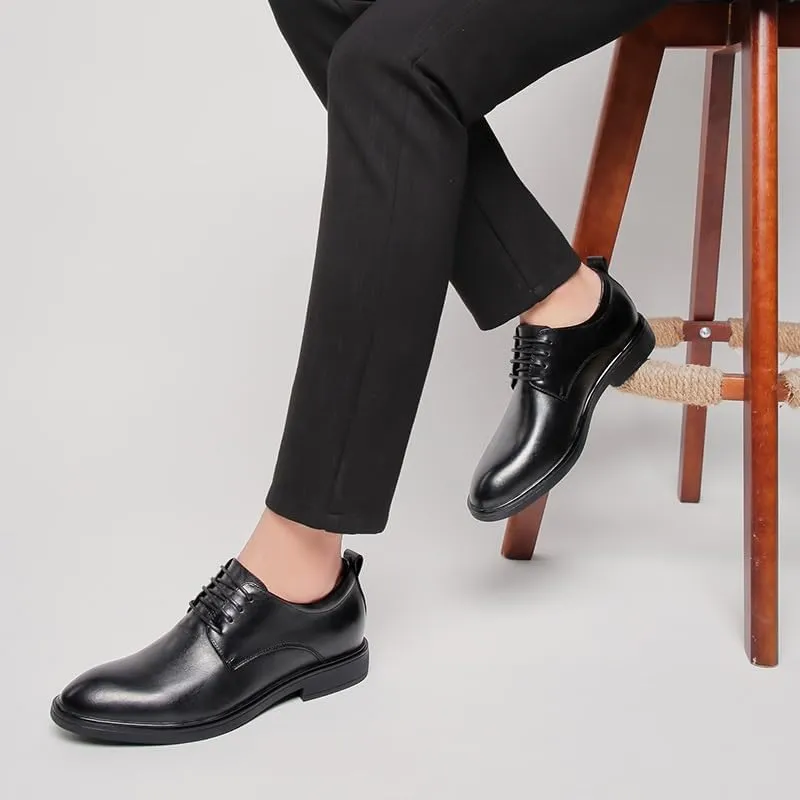 New Dress Shoes for Men Lace Up Round Toe Genuine Leather Solid Color Derby Shoes Non Slip Anti-slip Slip Resistant Block Heel Rubber Sole Business