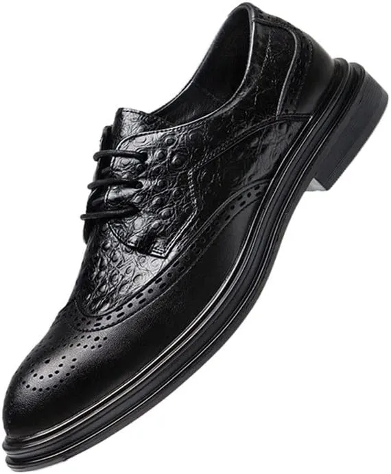 New Shoes Dress Oxford for Men Lace Up Crocodile Print Wing Tip Brogue Embossed Derby Shoes Non Slip Rubber Sole Anti-Slip Prom