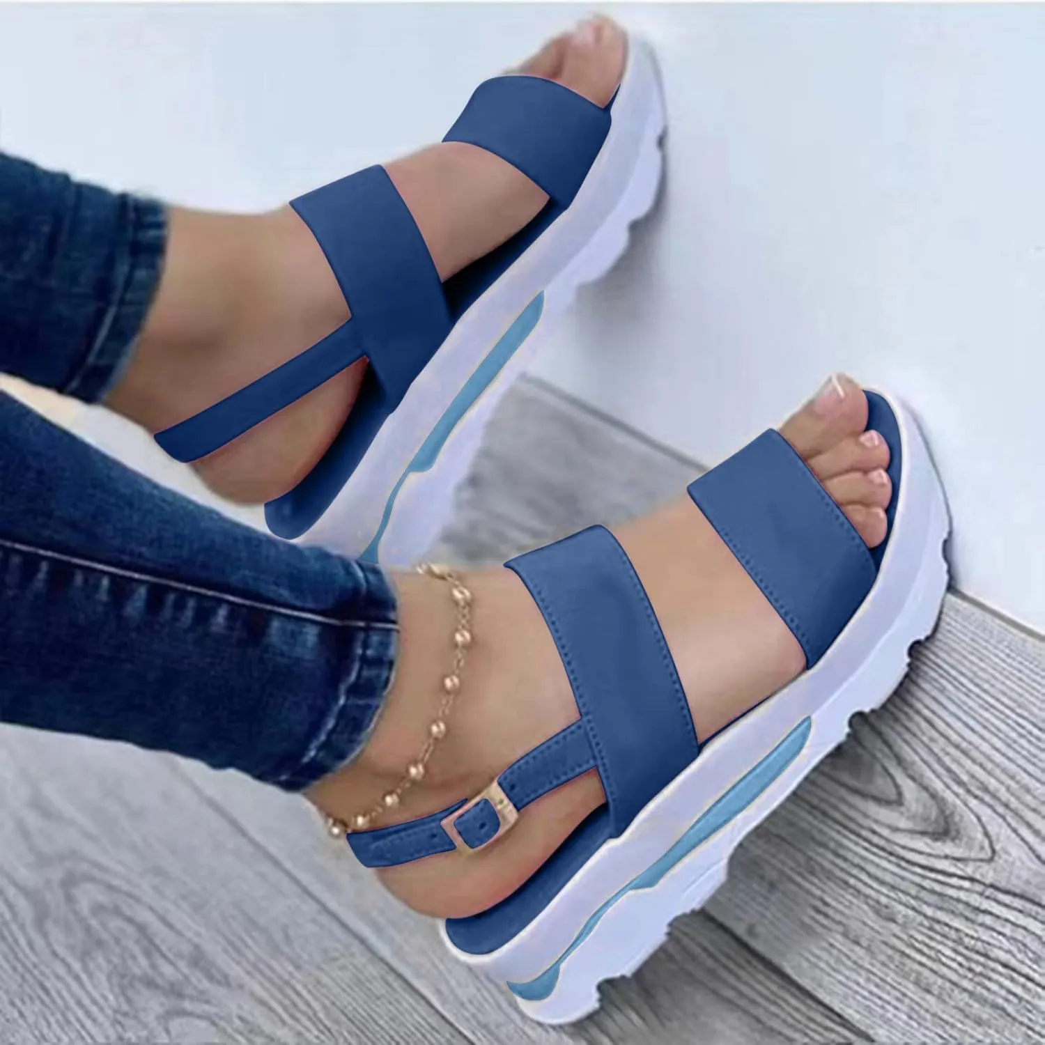 oiangi Double Strap Sandals for Women Platform Summer Casual Open Toe Buckle Thick Soled Slipper Solid Comfortable Non-Slip Outdoor Beach Shoes Sandalias