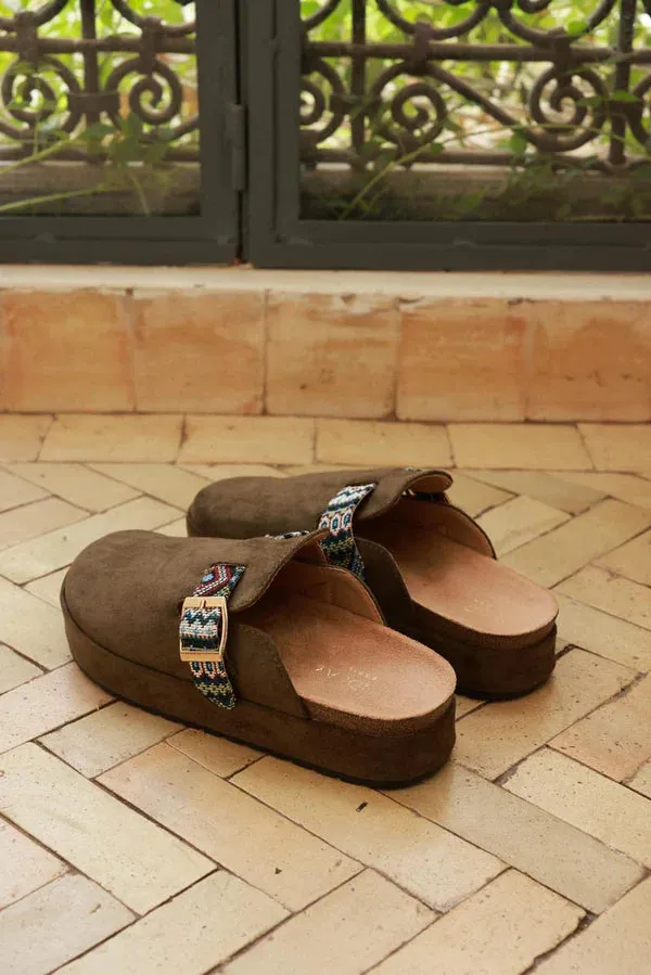 Olive Sueded Mules with Tribal Woven Strap