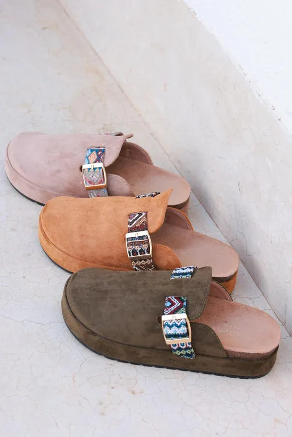 Olive Sueded Mules with Tribal Woven Strap