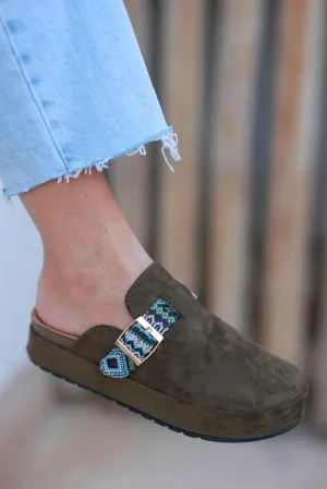 Olive Sueded Mules with Tribal Woven Strap