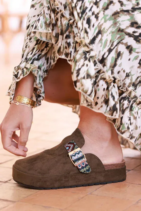 Olive Sueded Mules with Tribal Woven Strap