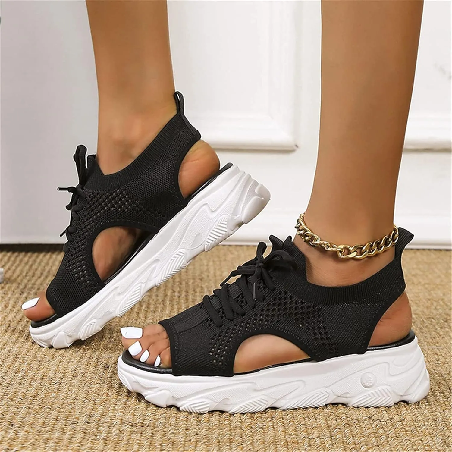 OMIREL 2023 Upgrade Summer Washable Slingback Orthopedic Slide Sport Sandals Mesh Soft Sole Lace-Up Fashion Women's Shoes Comfy Knit Thick Bottom Fish Mouth Casual Sandals,Black,US5/EU36