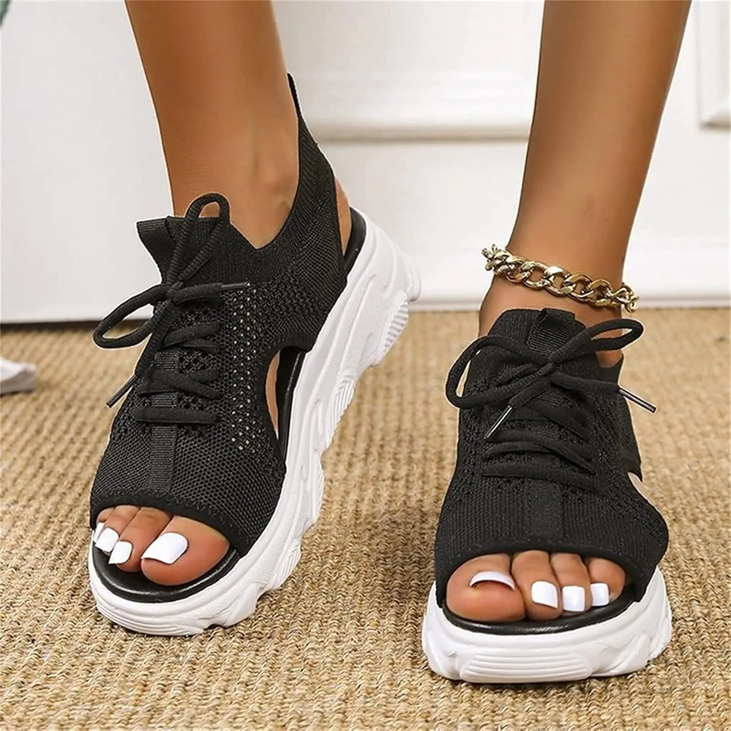 OMIREL 2023 Upgrade Summer Washable Slingback Orthopedic Slide Sport Sandals Mesh Soft Sole Lace-Up Fashion Women's Shoes Comfy Knit Thick Bottom Fish Mouth Casual Sandals,Black,US5/EU36