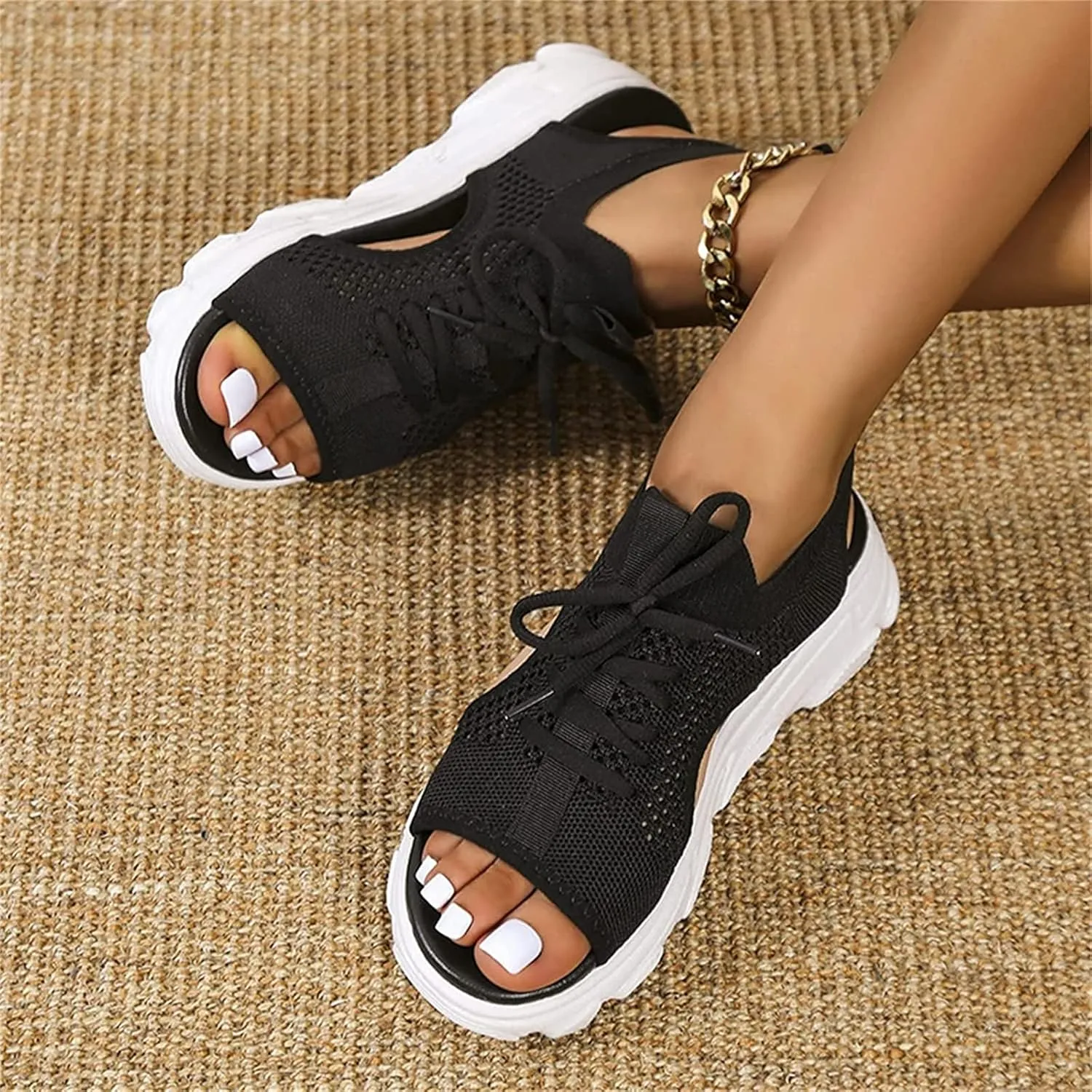 OMIREL 2023 Upgrade Summer Washable Slingback Orthopedic Slide Sport Sandals Mesh Soft Sole Lace-Up Fashion Women's Shoes Comfy Knit Thick Bottom Fish Mouth Casual Sandals,Black,US5/EU36