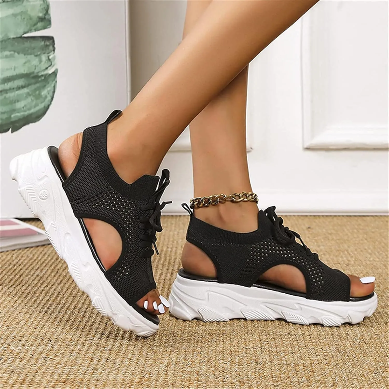 OMIREL 2023 Upgrade Summer Washable Slingback Orthopedic Slide Sport Sandals Mesh Soft Sole Lace-Up Fashion Women's Shoes Comfy Knit Thick Bottom Fish Mouth Casual Sandals,Black,US5/EU36