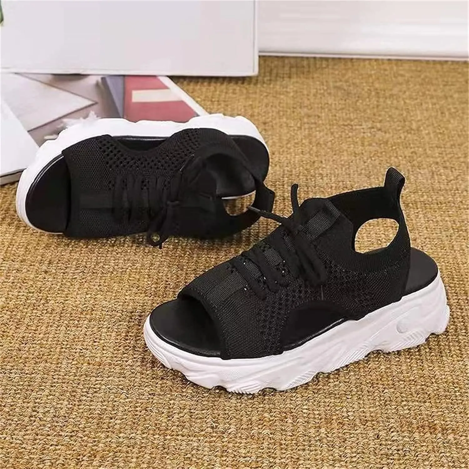 OMIREL 2023 Upgrade Summer Washable Slingback Orthopedic Slide Sport Sandals Mesh Soft Sole Lace-Up Fashion Women's Shoes Comfy Knit Thick Bottom Fish Mouth Casual Sandals,Black,US5/EU36