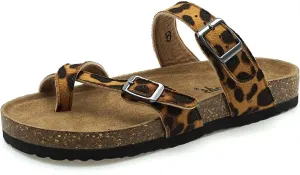 OUTWOODS Women's Bork-30 Vegan Leather Slide On Toe Loop Sandals (6M, Cheetah)
