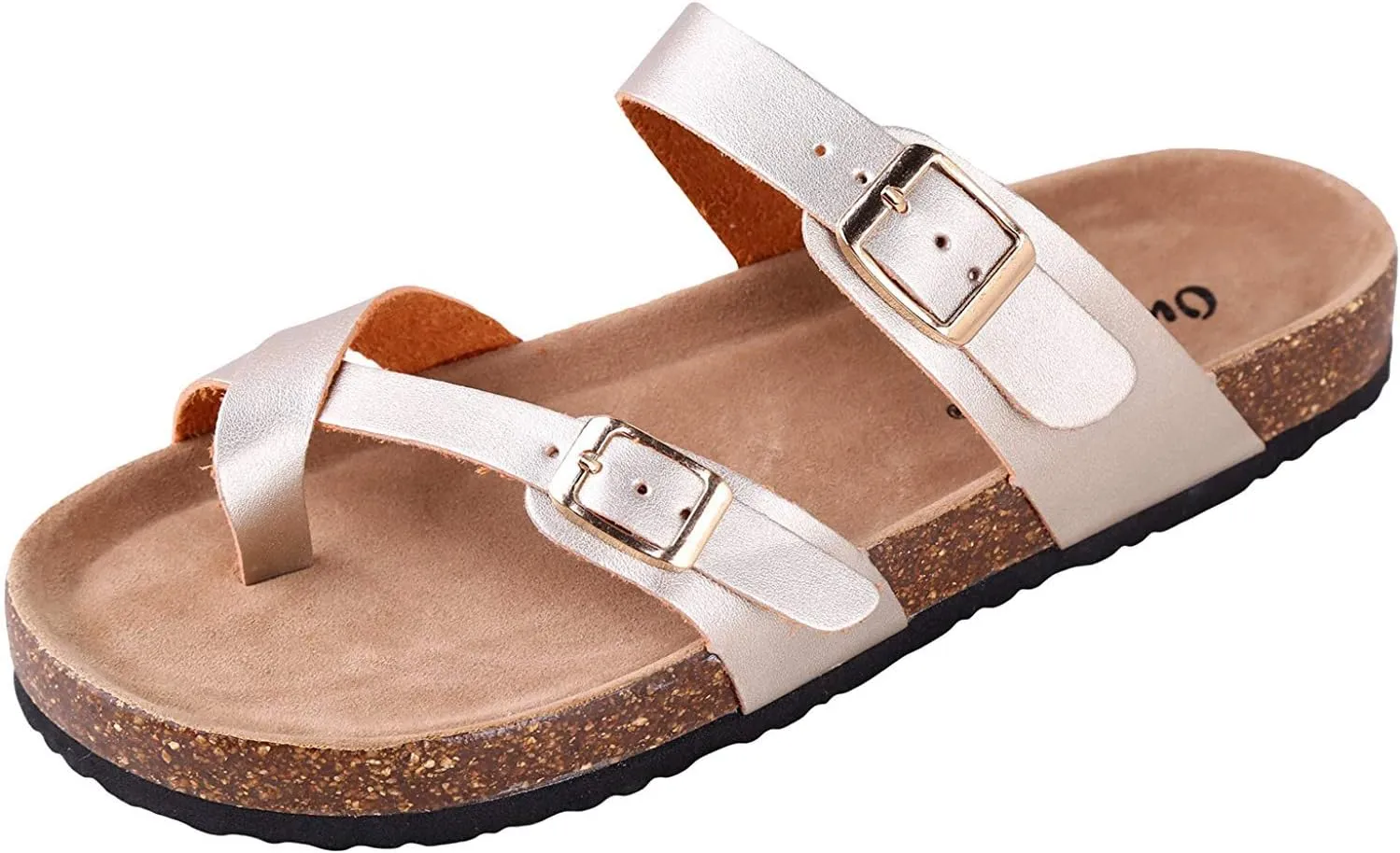 OUTWOODS Women's Bork-30 Vegan Leather Slide On Toe Loop Sandals, Gold 10