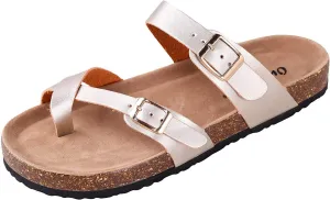 OUTWOODS Women's Bork-30 Vegan Leather Slide On Toe Loop Sandals, Gold 10