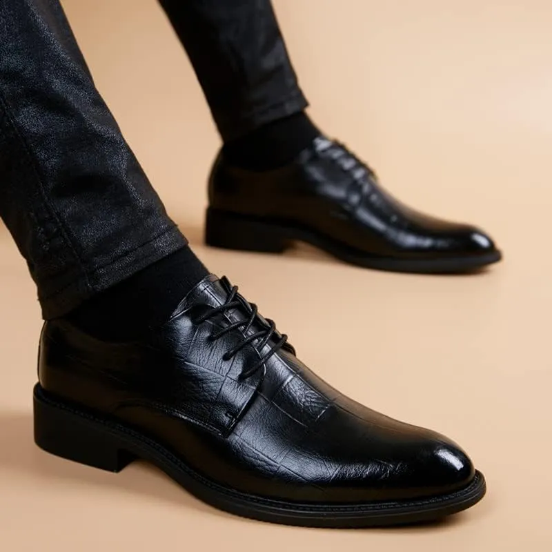 Oxford Shoes for Men Lace Up Round Toe Plaid Embossed Derby Shoes Leather Rubber Sole Block Heel Non Slip Resistant Low Top Wedding