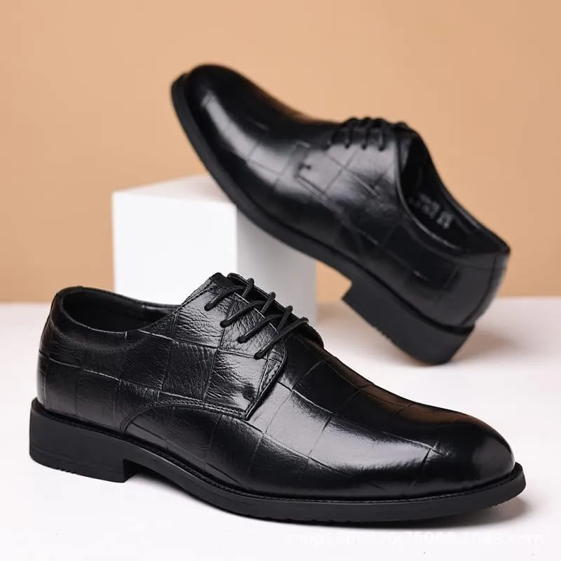 Oxford Shoes for Men Lace Up Round Toe Plaid Embossed Derby Shoes Leather Rubber Sole Block Heel Non Slip Resistant Low Top Wedding