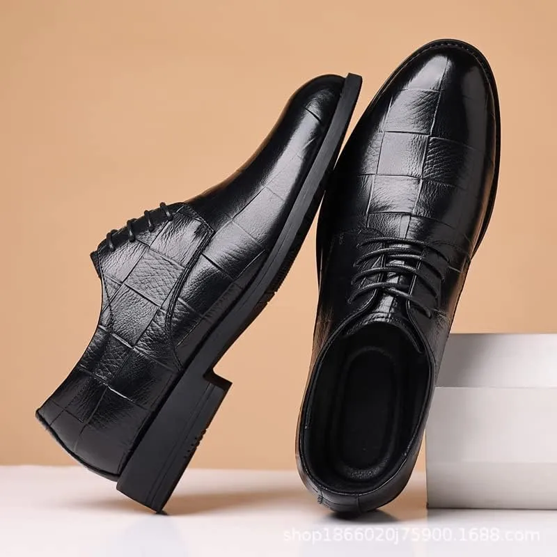 Oxford Shoes for Men Lace Up Round Toe Plaid Embossed Derby Shoes Leather Rubber Sole Block Heel Non Slip Resistant Low Top Wedding