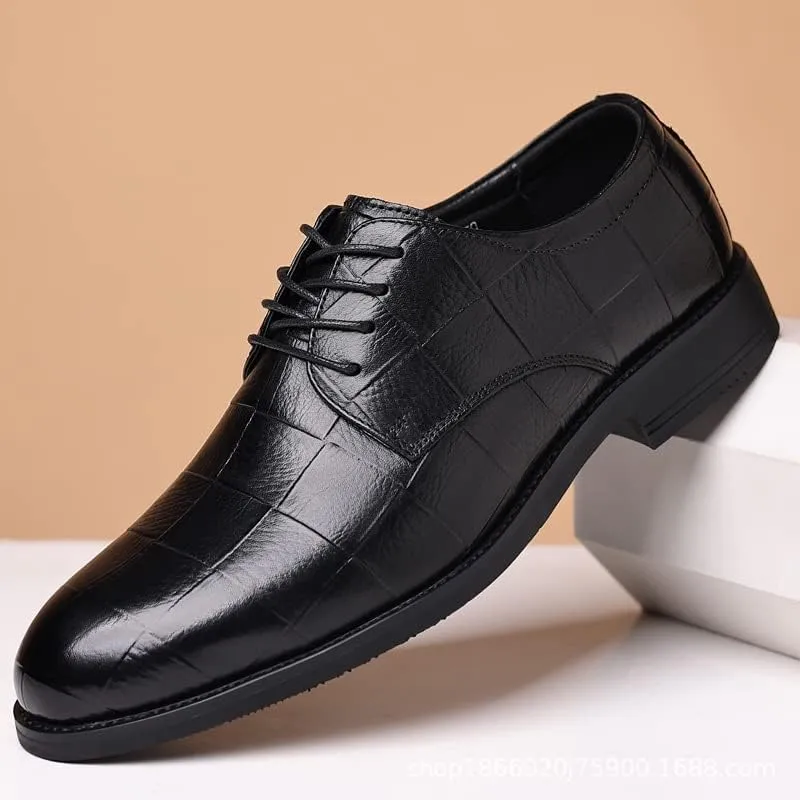 Oxford Shoes for Men Lace Up Round Toe Plaid Embossed Derby Shoes Leather Rubber Sole Block Heel Non Slip Resistant Low Top Wedding